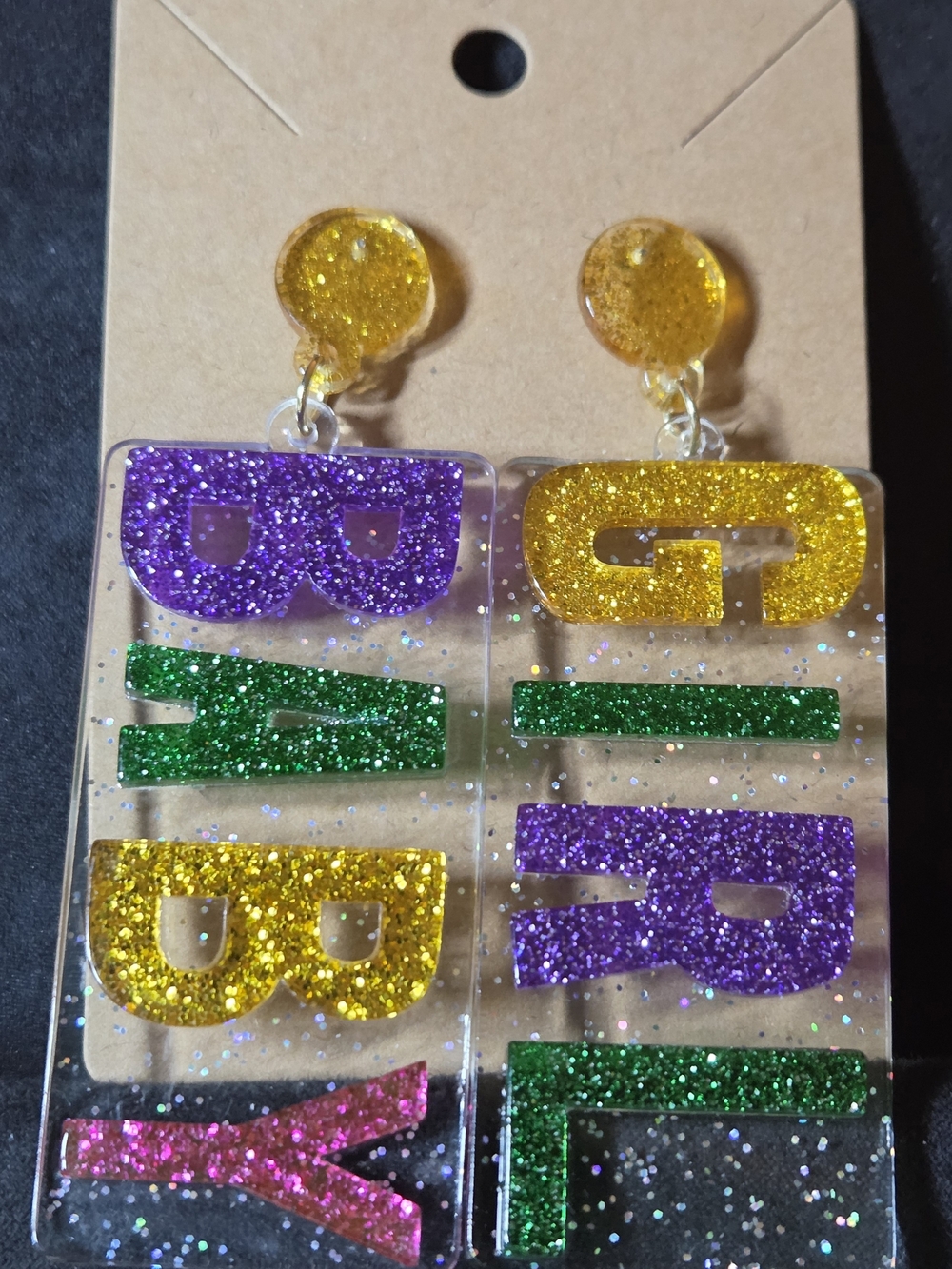 Glitter Mardi Gras 'BIG GRI' Acrylic Drop Earrings - Purple, Green & Gold